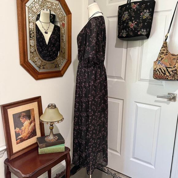 Twik by Simons Black & Pink Floral Pattern Flutter Sleeve Dark Femme Maxi Dress - Picture 4 of 8